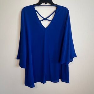 Karen Kane Royal Blue V-Neck Blouse with Crisscross Back